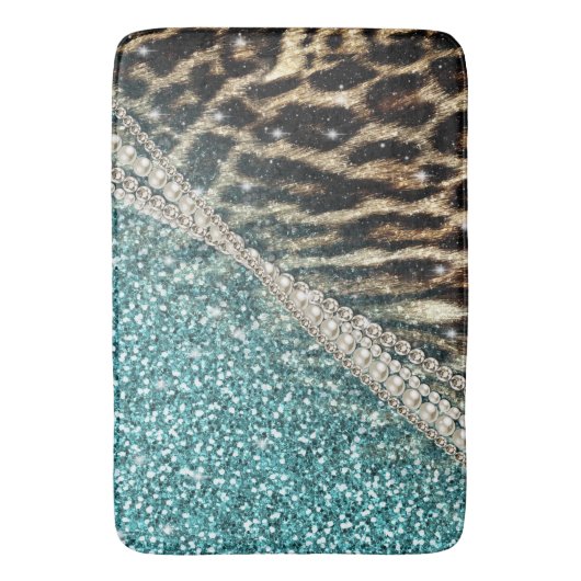 Chic Girly Leopard Print Blue Glitzer Badematte (Vorderseite Vertikal)