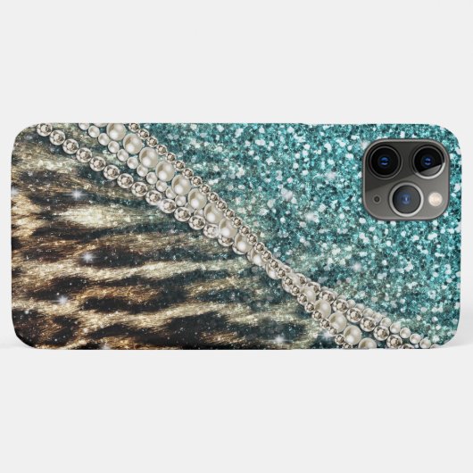 Chic Girly Leopard Print Blue Glitzer Case-Mate iPhone Hülle (Rückseite (Horizontal))