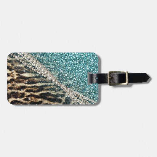 Chic Girly Leopard Print Blue Glitzer Gepäckanhänger (Vorderseite horizontal)