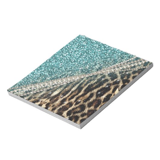 Chic Girly Leopard Print Blue Glitzer Notizblock (Rotiert)