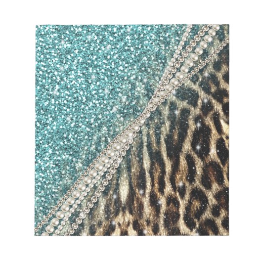 Chic Girly Leopard Print Blue Glitzer Notizblock (Vorderseite)