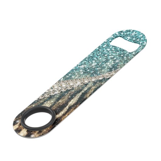 Chic Girly Leopard Print Blue Glitzer Speed Flaschenöffner (Rückseite Schrägansicht)