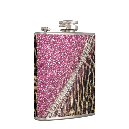 Chic Girly Leopard Print Pink Glitzer Flachmann (Rechts)