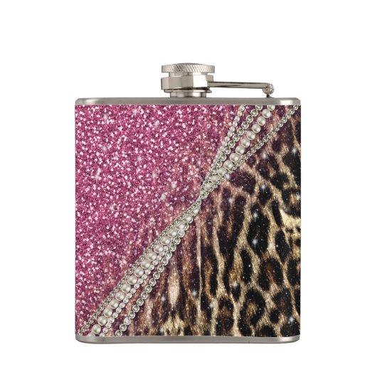 Chic Girly Leopard Print Pink Glitzer Flachmann (Rückseite)
