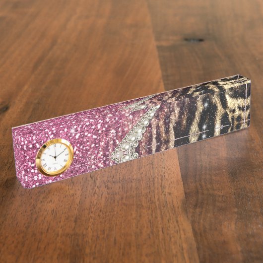 Chic Girly Leopard Print Pink Glitzer Namensplakette (Seite)