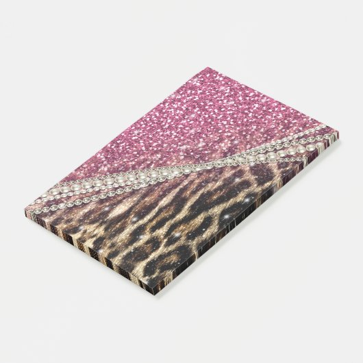 Chic Girly Leopard Print Pink Glitzer Post-it Klebezettel (angewinkelt)