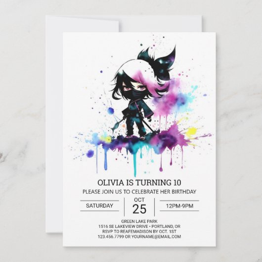 Chic Girly Little Ninja Geburtstag Einladung (Vorderseite)
