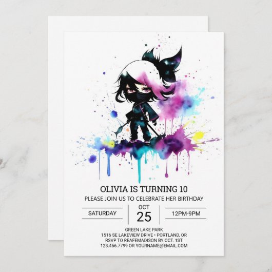 Chic Girly Little Ninja Geburtstag Einladung (Vorne/Hinten)