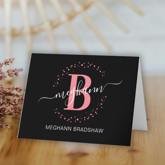 Chic Girly Modern Black Pink Name Script Monogram Dankeskarte