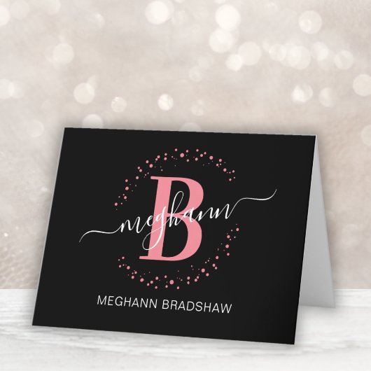 Chic Girly Modern Black Pink Name Script Monogram Dankeskarte