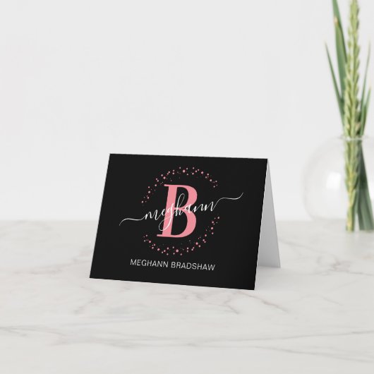 Chic Girly Modern Black Pink Name Script Monogram Dankeskarte (Vorderseite)