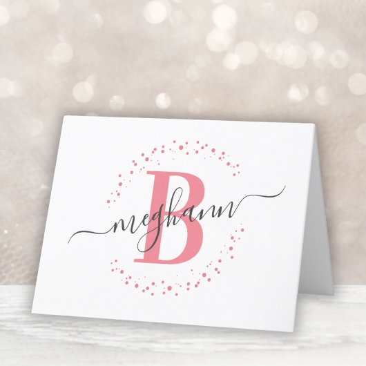 Chic Girly Modern White Pink Name Script Monogram Dankeskarte