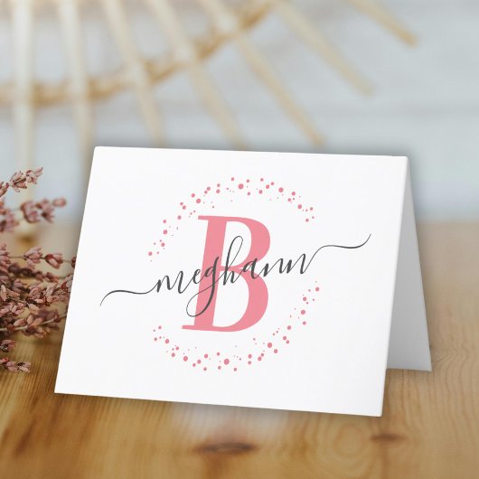 Chic Girly Modern White Pink Name Script Monogram Dankeskarte
