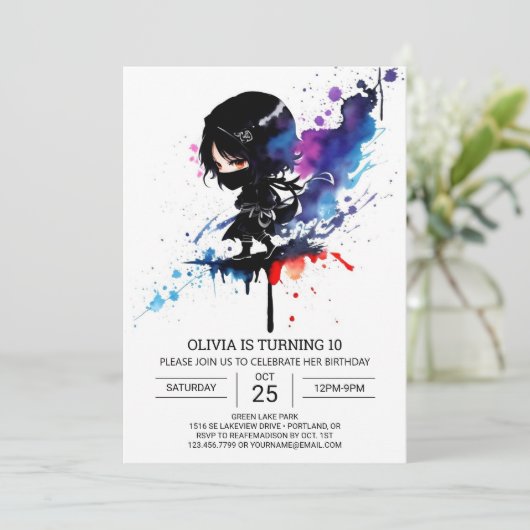 Chic Girly Ninja Editable Geburtstag Einladung (Stehend Vorderseite)