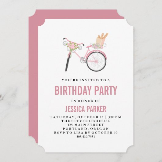Chic Girly Parisian Bicycle und French Bread Party Einladung (Vorne/Hinten)