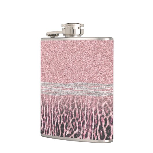 Chic Girly Pink Leopard Glitzer Image Flachmann (Links)