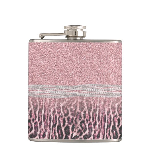 Chic Girly Pink Leopard Glitzer Image Flachmann (Vorderseite)