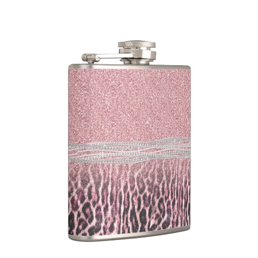 Chic Girly Pink Leopard Glitzer Image Flachmann (Rechts)