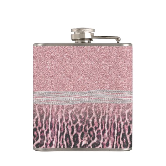 Chic Girly Pink Leopard Glitzer Image Flachmann (Rückseite)