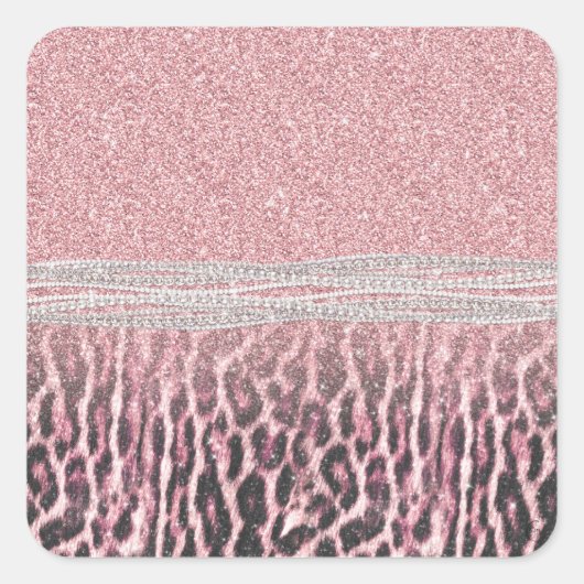 Chic Girly Pink Leopard Glitzer Image Quadratischer Aufkleber (Vorderseite)