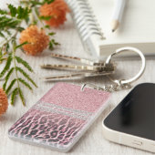Chic Girly Pink Leopard Glitzer Image Schlüsselanhänger (Vorderseite rechts)