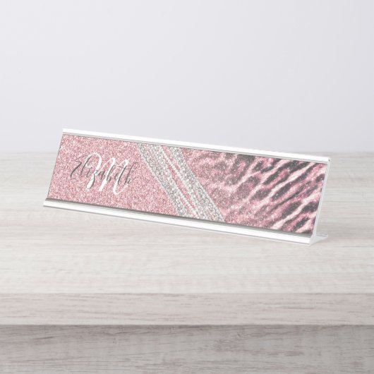 Chic Girly Pink Leopard Glitzer Image Schreibtischnamensplakette (Vorderseite )