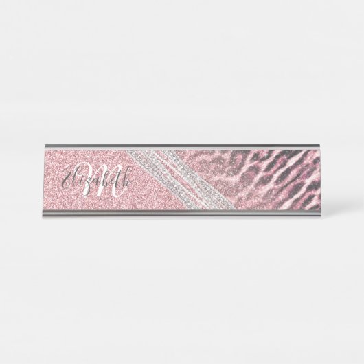 Chic Girly Pink Leopard Glitzer Image Schreibtischnamensplakette (Vorderseite )