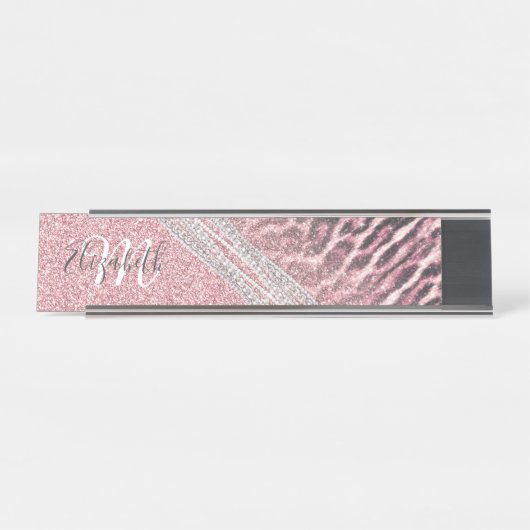 Chic Girly Pink Leopard Glitzer Image Schreibtischnamensplakette (Vorderseite )