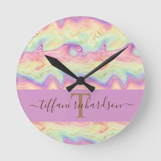 Chic Girly Rainbow Gold Agate Geode Runde Wanduhr (Vorderseite)