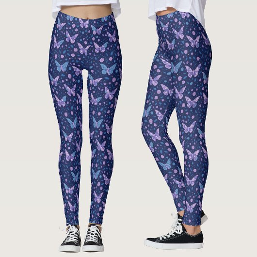 Chic Girly Romantic Blue Lila Butterfly Pattern Leggings