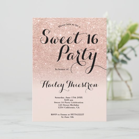 Chic Girly Rose Gold Glitzer ombre Foto Sweet 16 Einladung (Stehend Vorderseite)