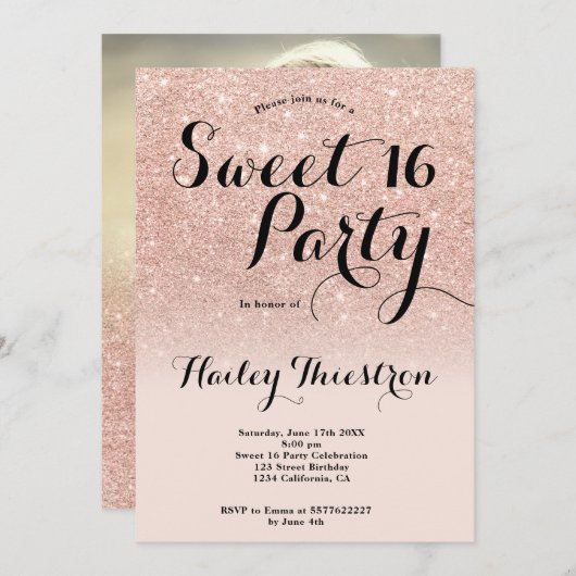 Chic Girly Rose Gold Glitzer ombre Foto Sweet 16 Einladung (Vorne/Hinten)