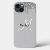 Chic Girly Silver Glitzer Tropfen Monogram Name Case-Mate iPhone Hülle (Rückseite)