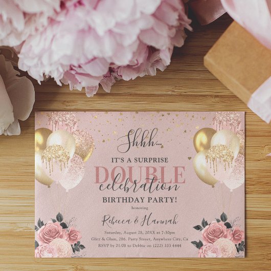 Chic Girly Surprise Double Birthday Party Einladung