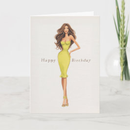 Chic Glam Brunette Woman in Yellow Dress Birthday Karte