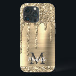Chic Glam Gold Glitzer Tropfen Monogram Metal Case-Mate iPhone Hülle<br><div class="desc">Eleganter, moderner, gürmiger Glitzer Tropfen Gold Metall Custom personalisiert Name und mit Monogramm iPhone Gehäuse. Dieses Design bietet gelbe goldfarbene Glitzer-Tropfen auf goldgebürstetem Metallhintergrund mit personalisierter Monogramm-Initial- und Vorname-Textvorlage. Perfektes weibliches Geschenk für Mädchen und Frauen, die trendige Glamour-Dinge Lieben hübsch. Wenn Sie Hilfe oder passende Artikel benötigen, kontaktieren Sie mich...</div>
