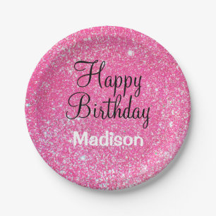 Chic Glam Happy Birthday Hot Pink Glitzer Sparkle Pappteller