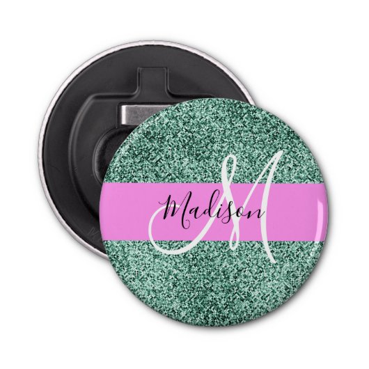 Chic Glam Pink Green Glitzer Sparkname Monogram Flaschenöffner (Vorderseite)