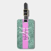 Chic Glam Pink Green Glitzer Sparkname Monogram Gepäckanhänger (Vorderseite vertikal)