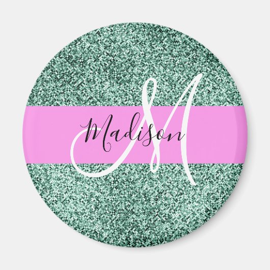 Chic Glam Pink Green Glitzer Sparkname Monogram Magnet (Vorne)
