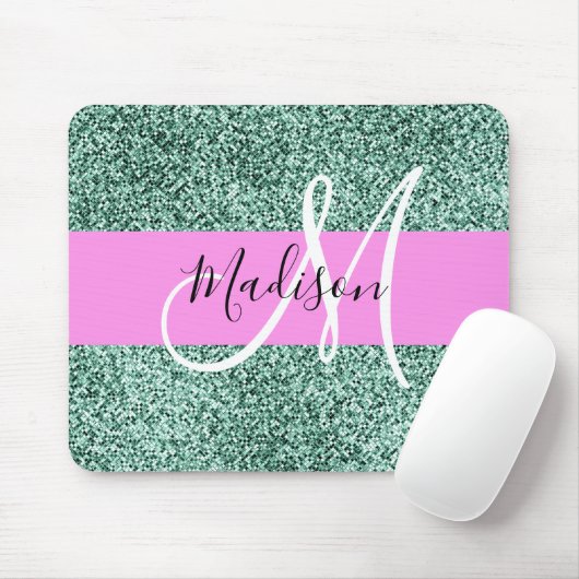 Chic Glam Pink Green Glitzer Sparkname Monogram Mousepad (Mit Mouse)