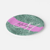 Chic Glam Pink Green Glitzer Sparkname Monogram Pappteller (Schrägansicht)