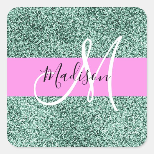 Chic Glam Pink Green Glitzer Sparkname Monogram Quadratischer Aufkleber (Vorderseite)