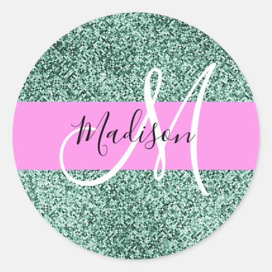 Chic Glam Pink Green Glitzer Sparkname Monogram Runder Aufkleber (Vorderseite)