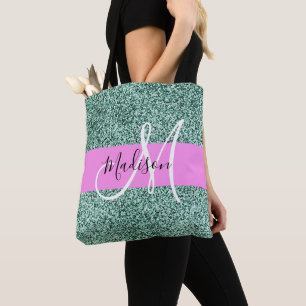 Chic Glam Pink Green Glitzer Sparkname Monogram Tasche