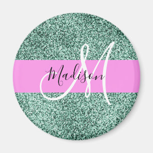 Chic Glam Pink Green Glitzer Sparkus Monogramm Magnet