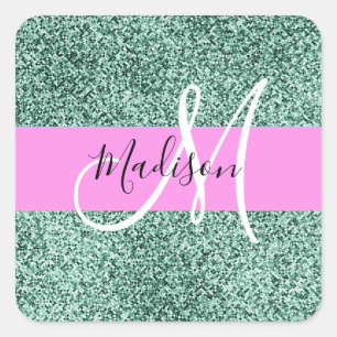 Chic Glam Rosa Grün Glitter Funkeln Name Monogramm Quadratischer Aufkleber