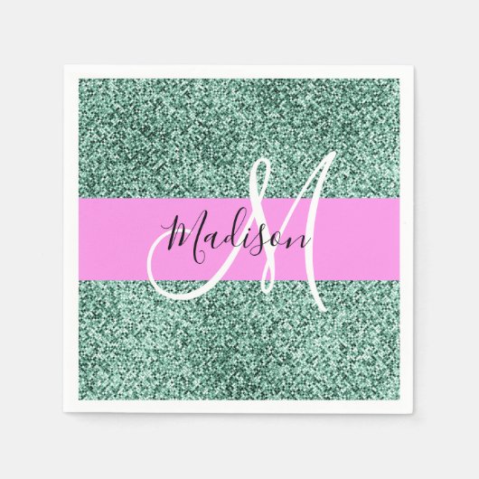 Chic Glam Rosa Grüner Glitter Glanz Name Monogramm Serviette (Vorderseite)