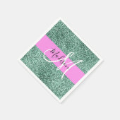 Chic Glam Rosa Grüner Glitter Glanz Name Monogramm Serviette (Ecke)
