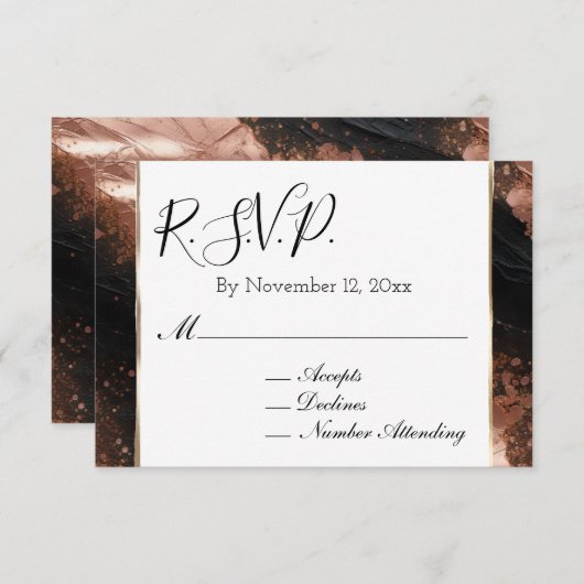 Chic Glam Rose Gold Black Wedding RSVP Begleitkarte (Vorne/Hinten)